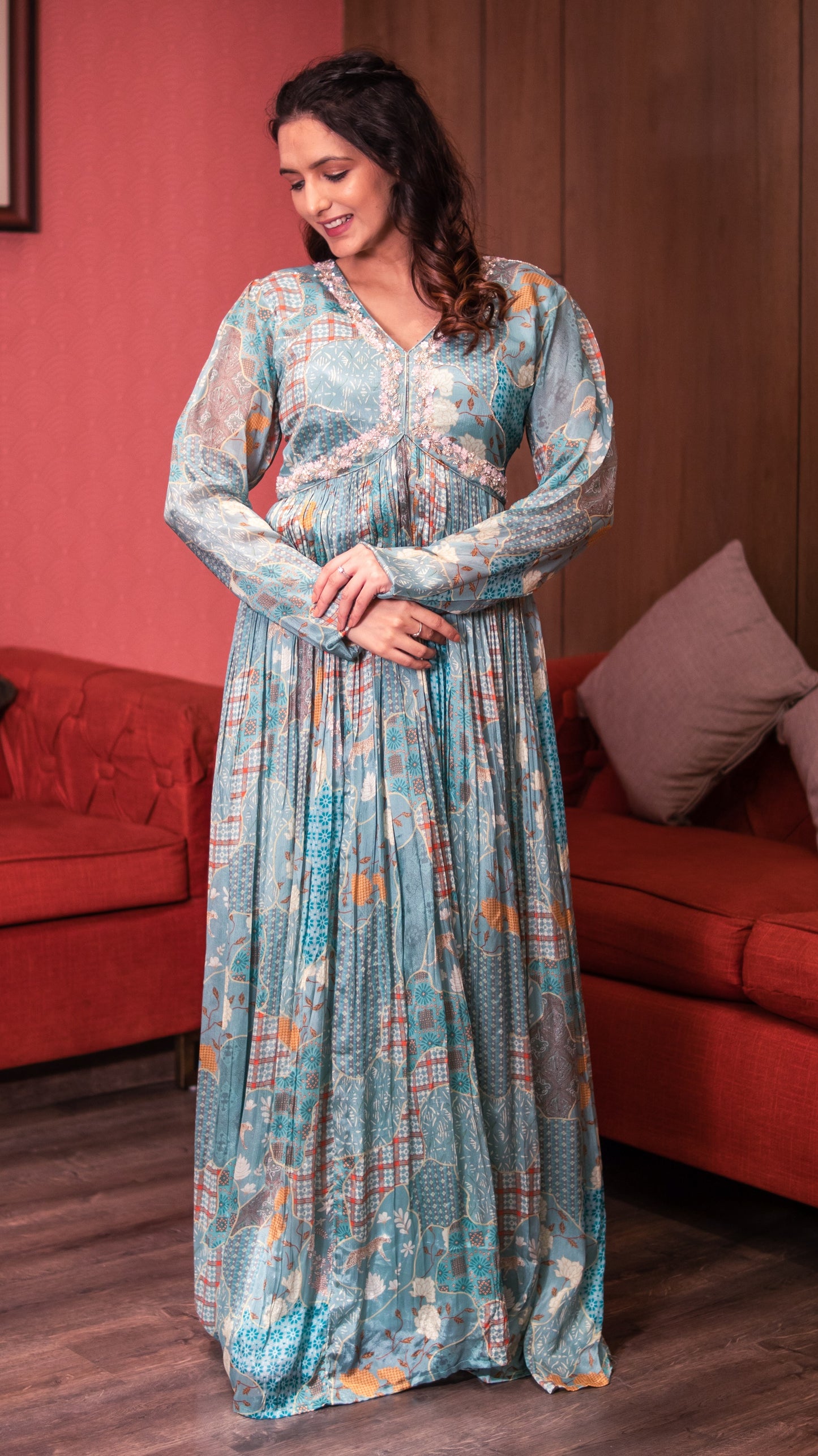 Emerald Green Digital Print Embellished Chinnon Long Dress