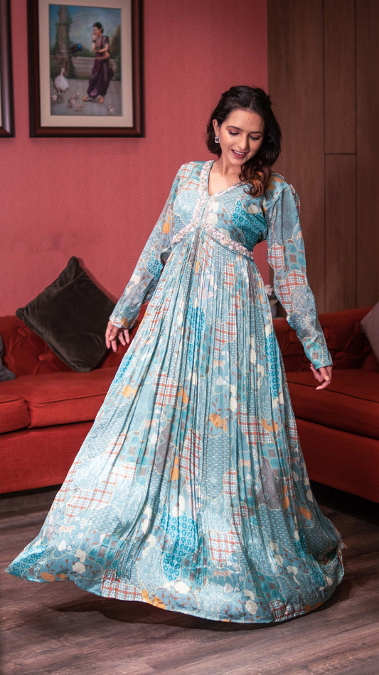 Emerald Green Digital Print Embellished Chinnon Long Dress