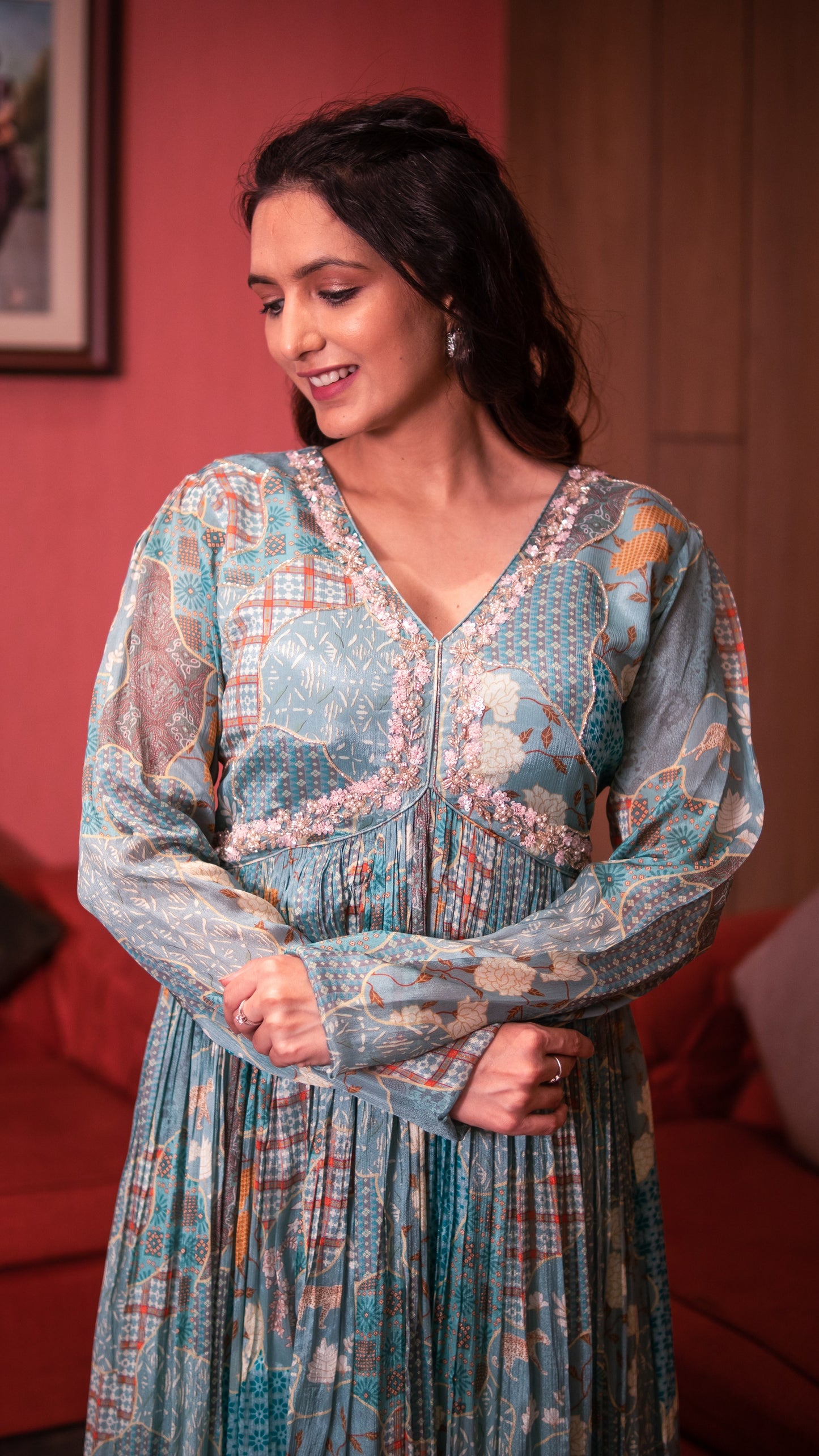 Emerald Green Digital Print Embellished Chinnon Long Dress