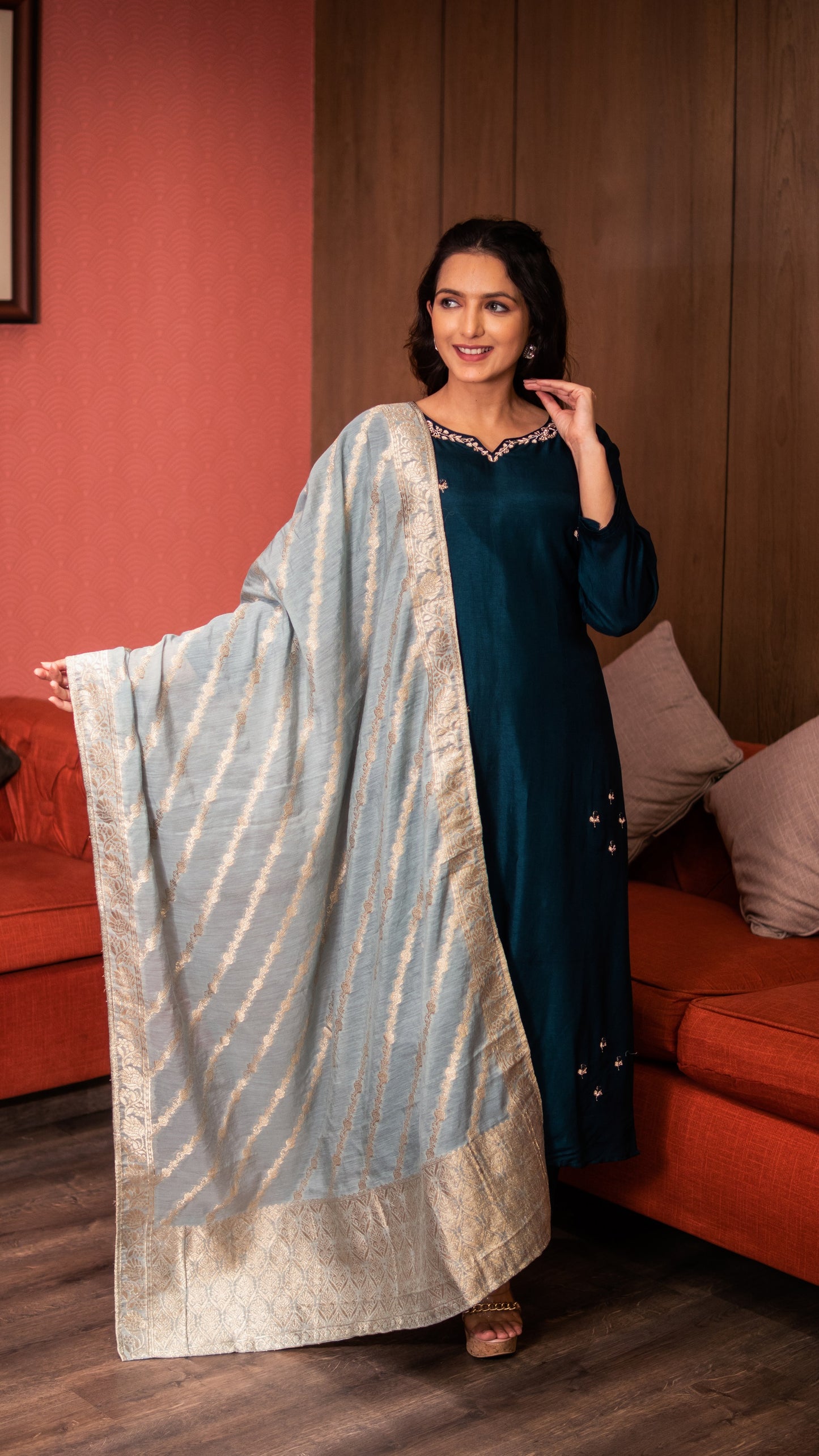 Bottle Green Raw Silk Embellished Kurta Set