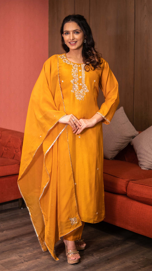 Amber Yellow Raw Silk Embellished Kurta Set