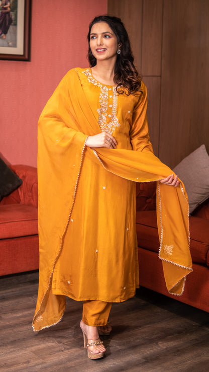 Amber Yellow Raw Silk Embellished Kurta Set