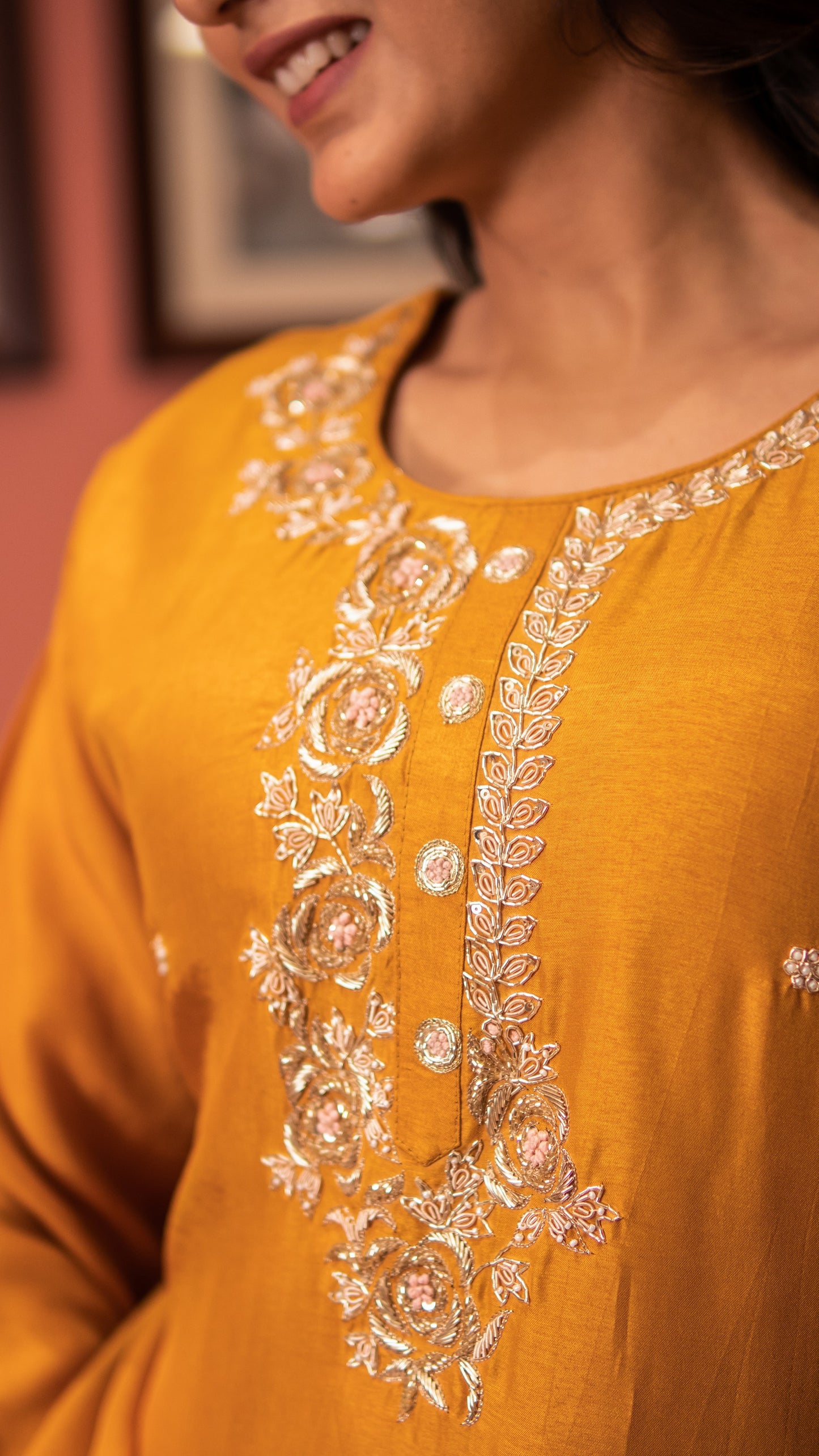 Amber Yellow Raw Silk Embellished Kurta Set