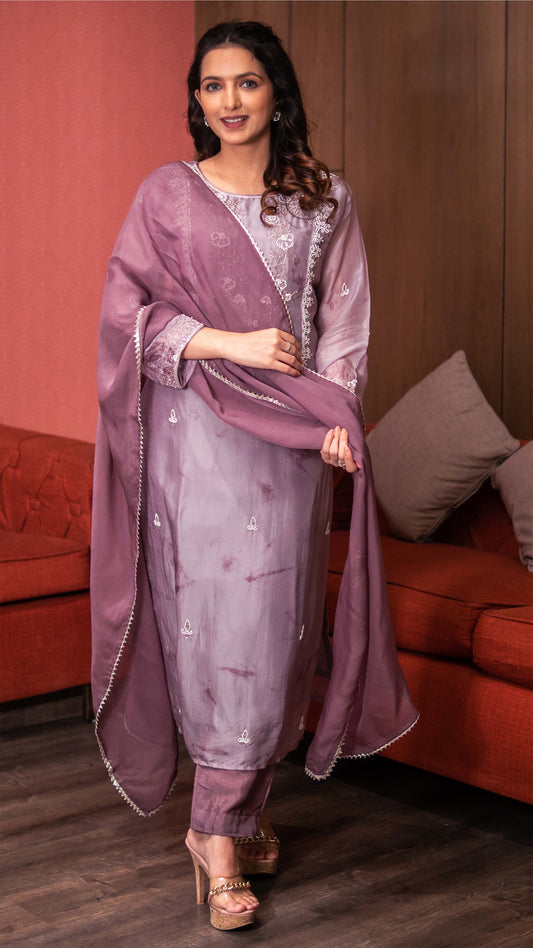 Mauve Violet Moti Work Stright Kurta With Pants And Dupatta