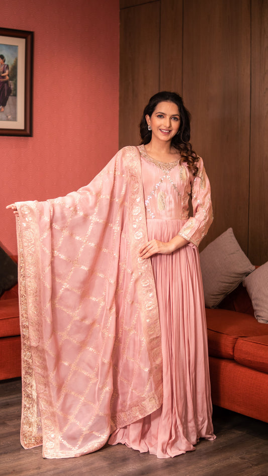 Flamingo Pink Gotta Embellished Long Dress