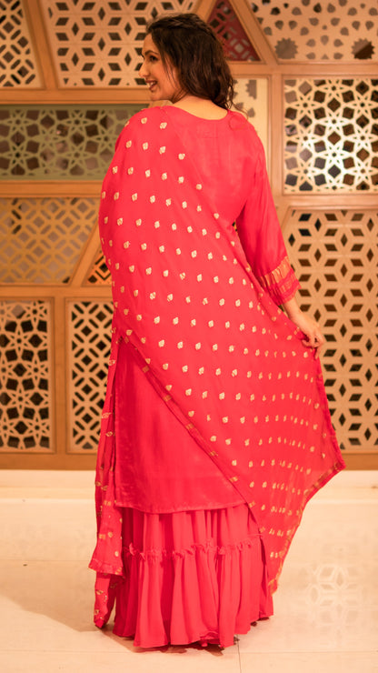 Bright Pink Gajji Silk Gotta Work Kurta Sharara Set