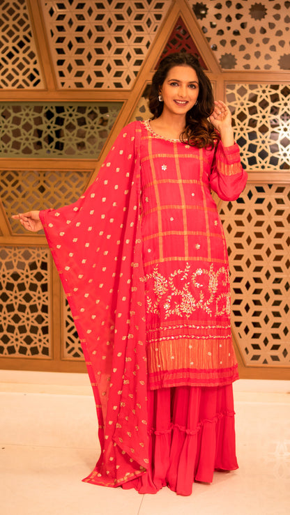 Bright Pink Gajji Silk Gotta Work Kurta Sharara Set