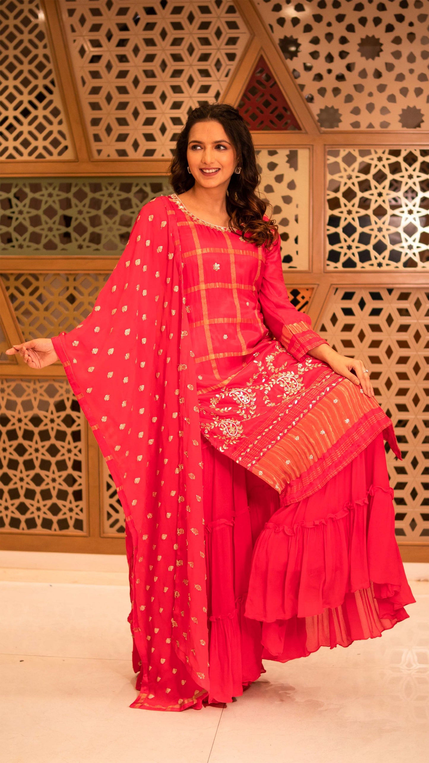 Bright Pink Gajji Silk Gotta Work Kurta Sharara Set