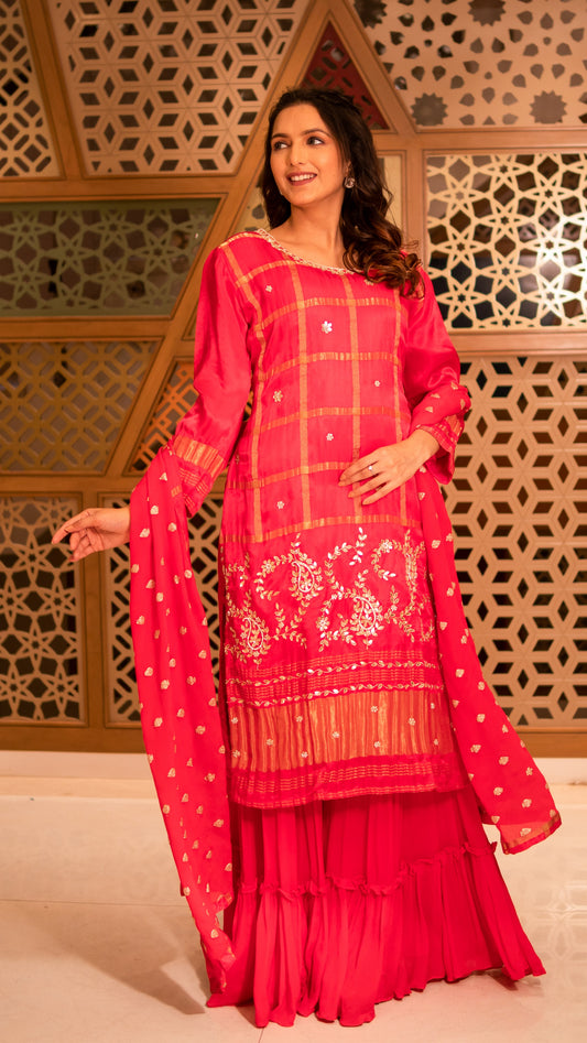 Bright Pink Gajji Silk Gotta Work Kurta Sharara Set