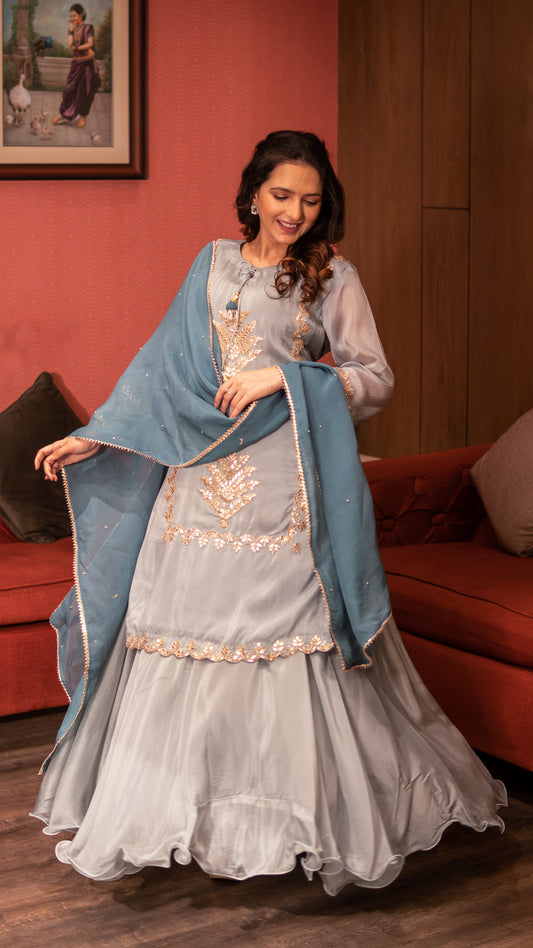 Stone Blue Butter Silk Kurta Skirt Set With Gota Work