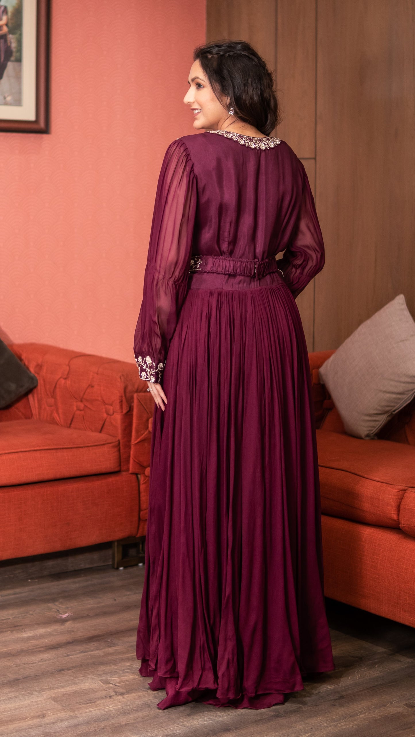 Violet Moti Work Kurta With Palazzo And Belt