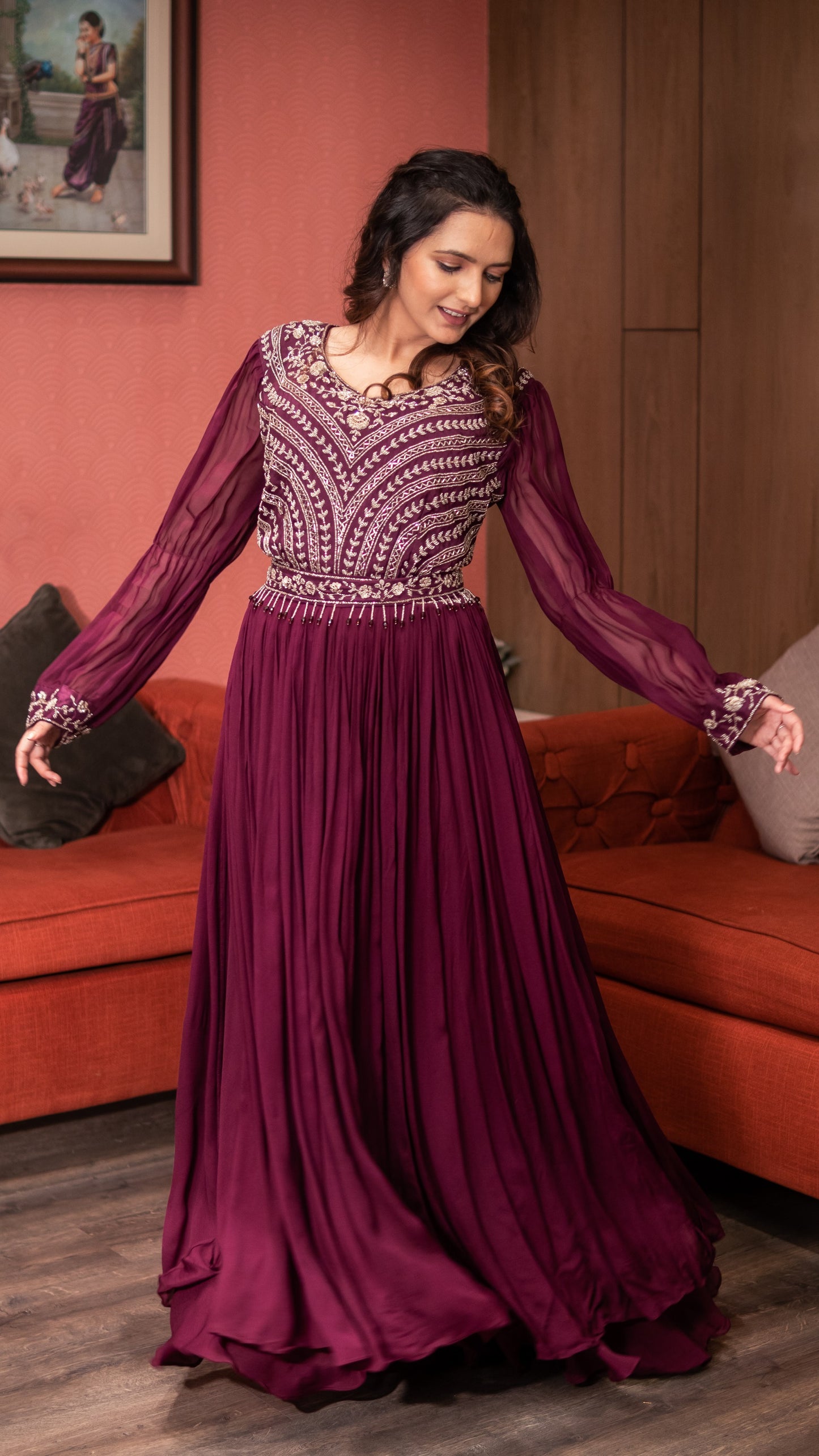 Violet Moti Work Kurta With Palazzo And Belt
