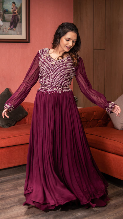 Violet Moti Work Kurta With Palazzo And Belt