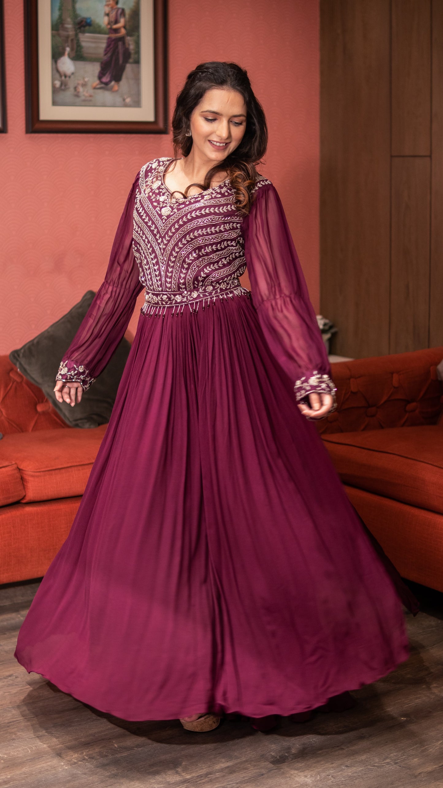 Violet Moti Work Kurta With Palazzo And Belt