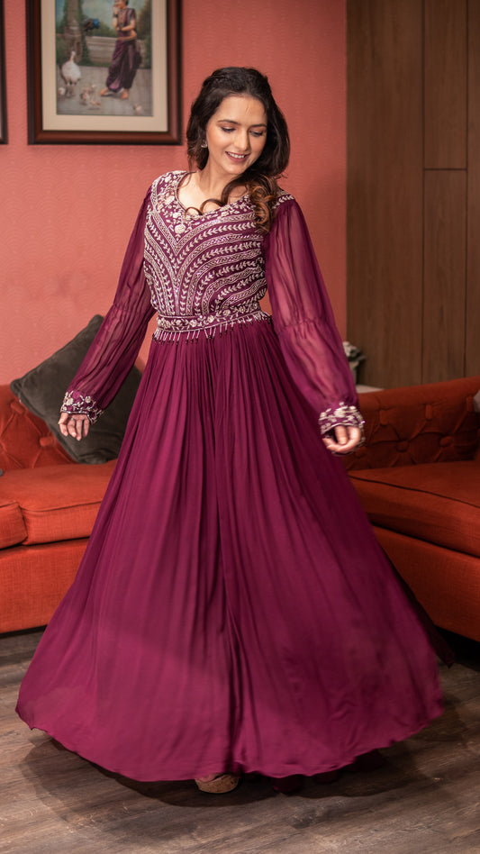 Violet Moti Work Kurta With Palazzo And Belt