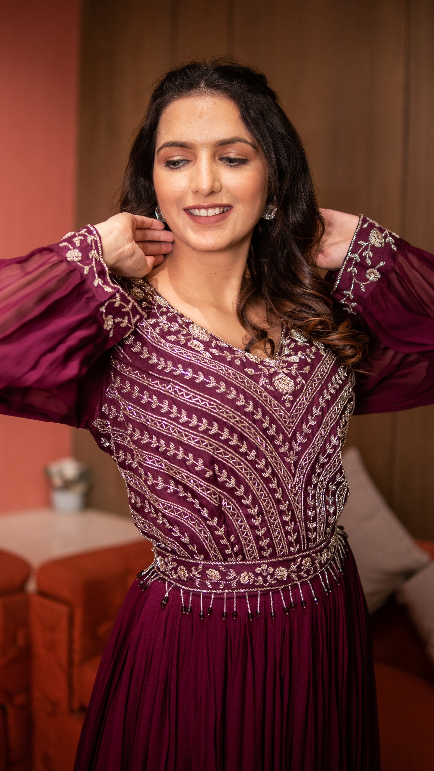 Violet Moti Work Kurta With Palazzo And Belt