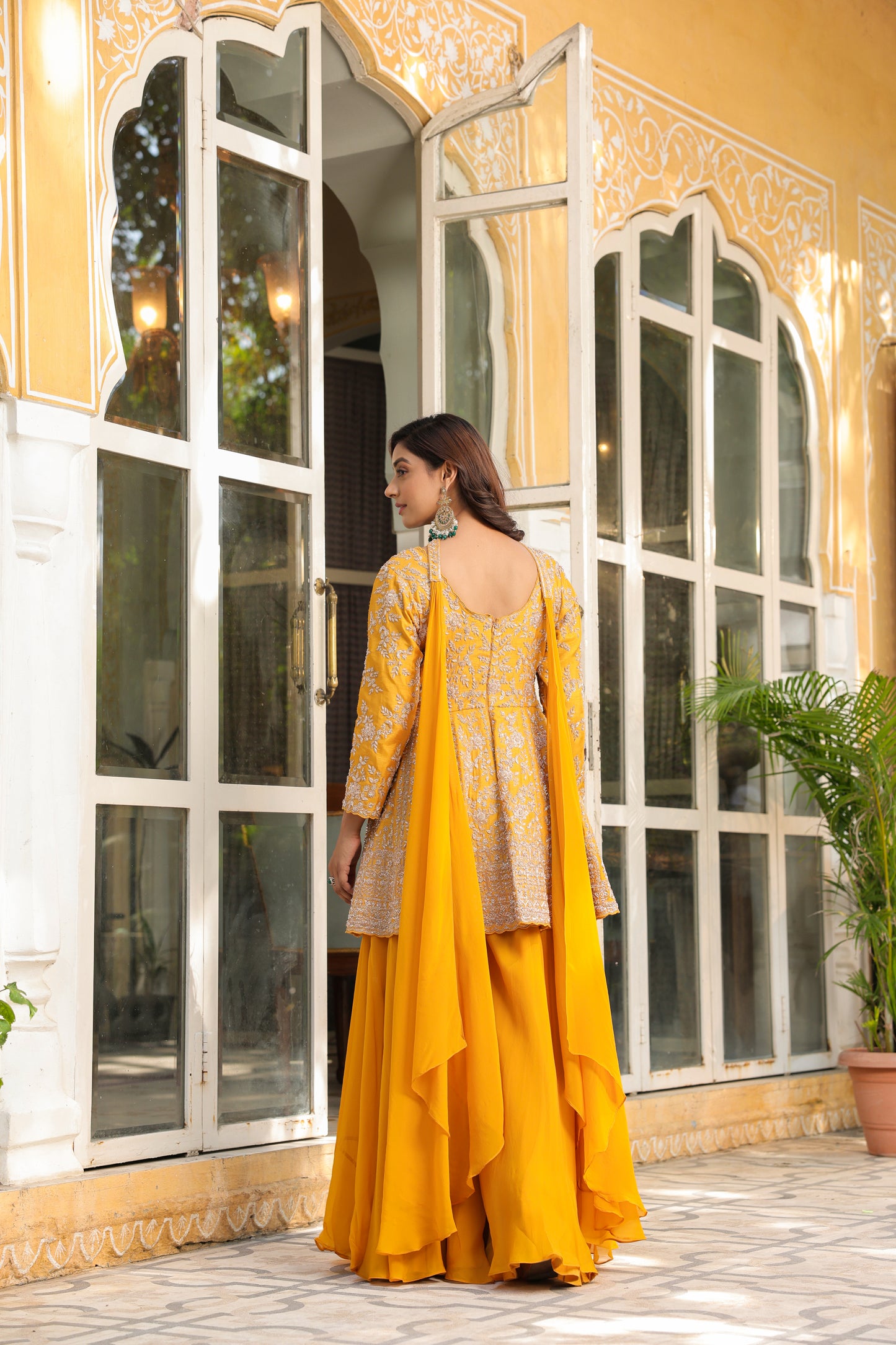 Mustard Yellow Raw Silk Zardozi Embellished Peplum Kurti Set