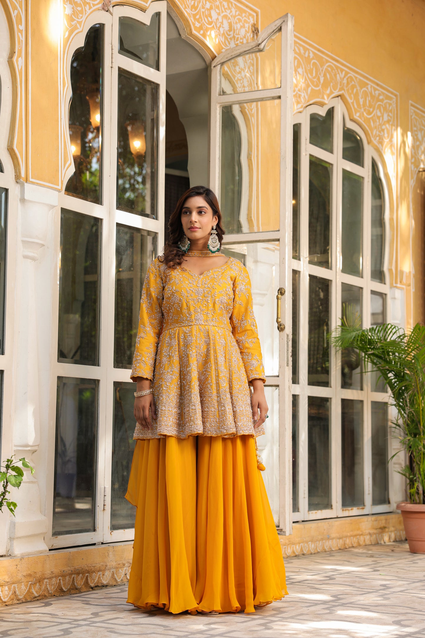 Mustard Yellow Raw Silk Zardozi Embellished Peplum Kurti Set