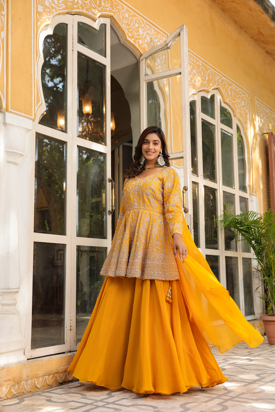 Mustard Yellow Raw Silk Zardozi Embellished Peplum Kurti Set