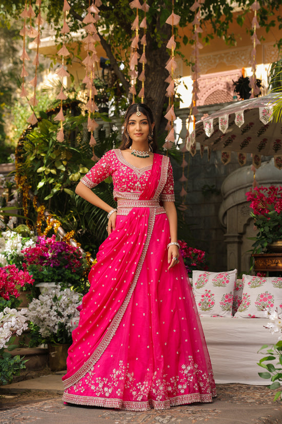 Fucia Pink Embellished Drape Lehenga