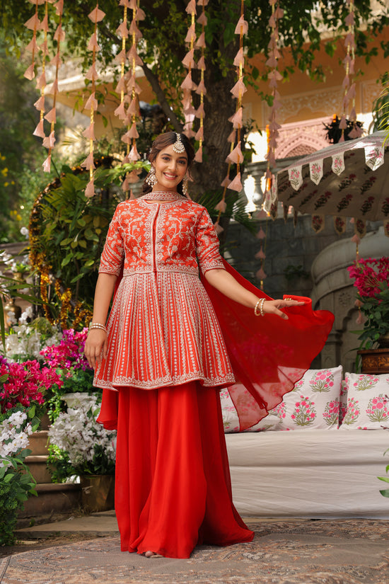 Raw Silk Peplum in Fire Orange with Flare Palazzo and Dupatta