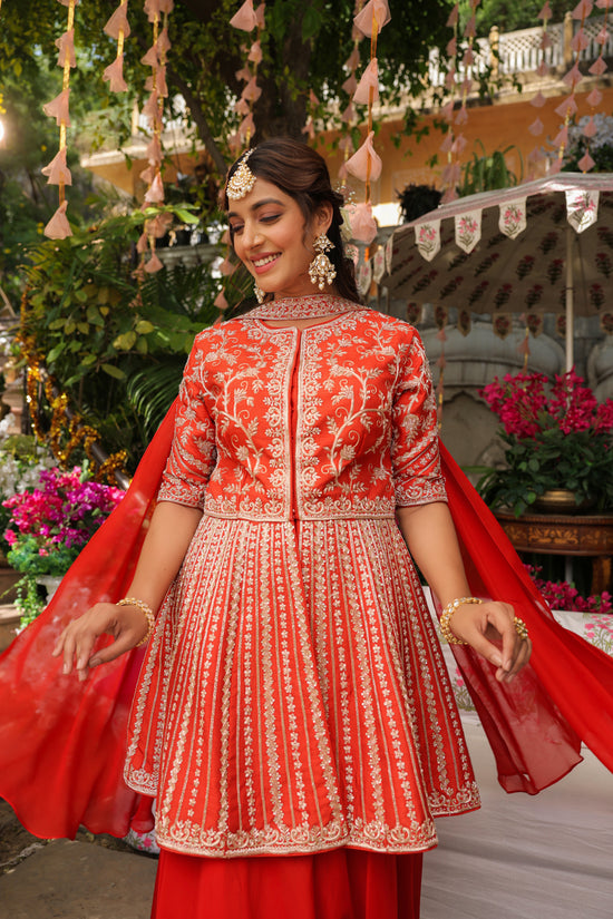 Raw Silk Peplum in Fire Orange with Flare Palazzo and Dupatta