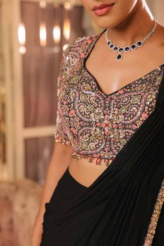 Jade Black Drape Saree With Embellished Blouse