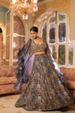 Prussian Blue Kalamkari Print Skirt With Embellished Crop Top And Cape