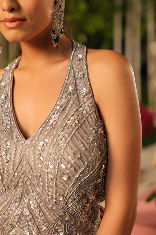 Grey Halter Neck Embellished Gown