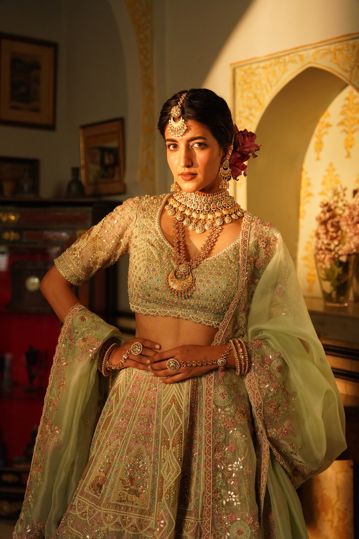 Light Blue Embroidered Kalidar Lehenga Set