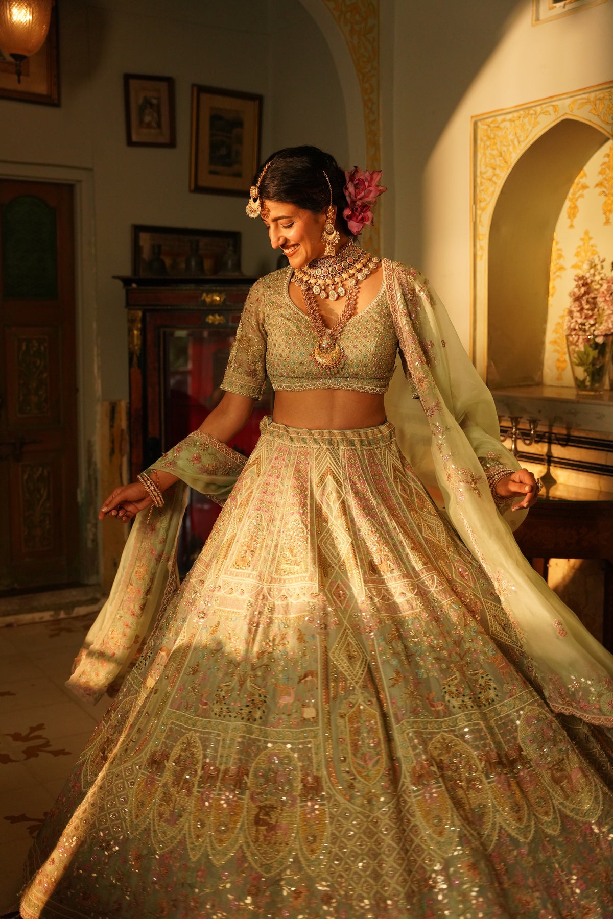 Light Blue Embroidered Kalidar Lehenga Set