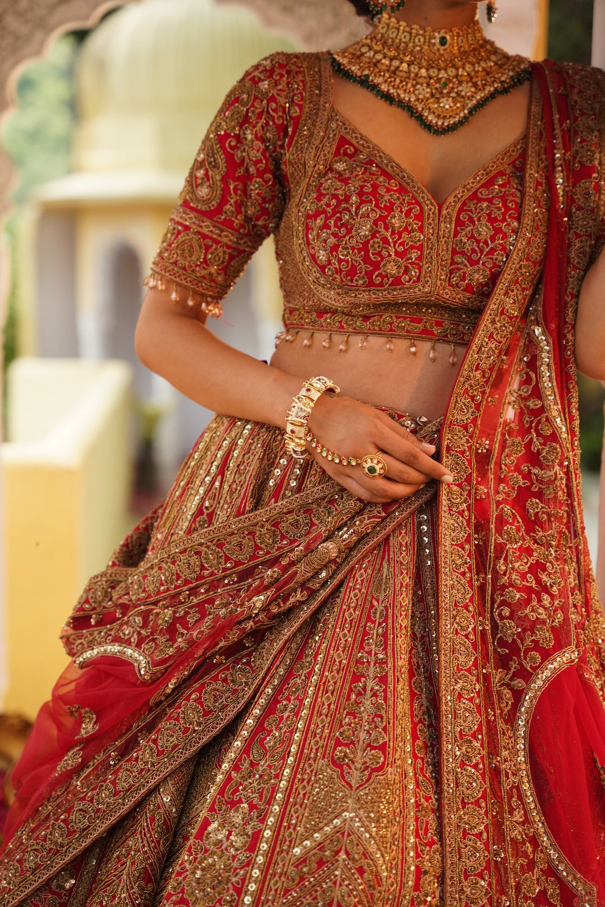 Crimson Red Heavily Embroidered Bridal Lehenga Set