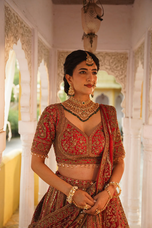 Crimson Red Heavily Embroidered Bridal Lehenga Set