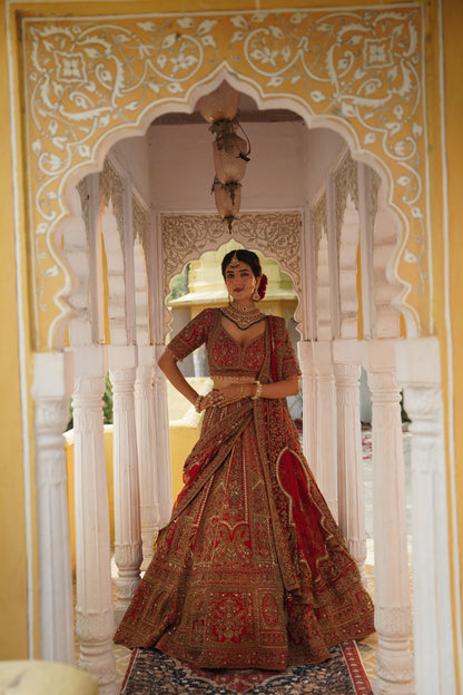 Crimson Red Heavily Embroidered Bridal Lehenga Set