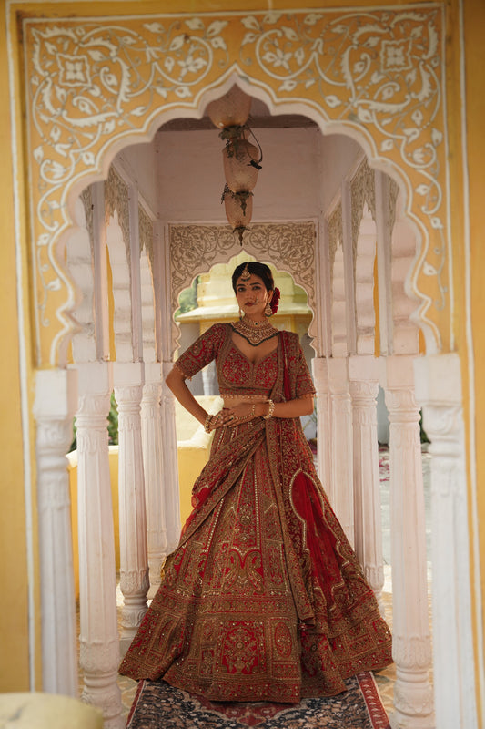 Crimson Red Heavily Embroidered Bridal Lehenga Set