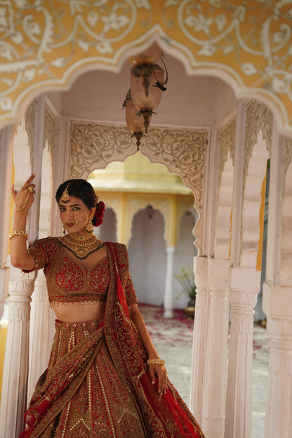 Crimson Red Heavily Embroidered Bridal Lehenga Set