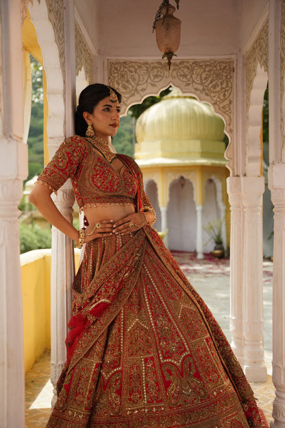 Crimson Red Heavily Embroidered Bridal Lehenga Set