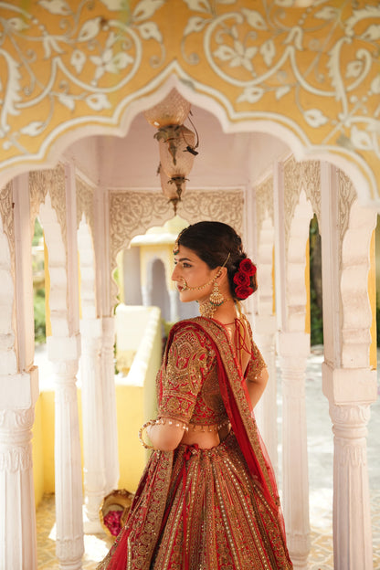 Crimson Red Heavily Embroidered Bridal Lehenga Set