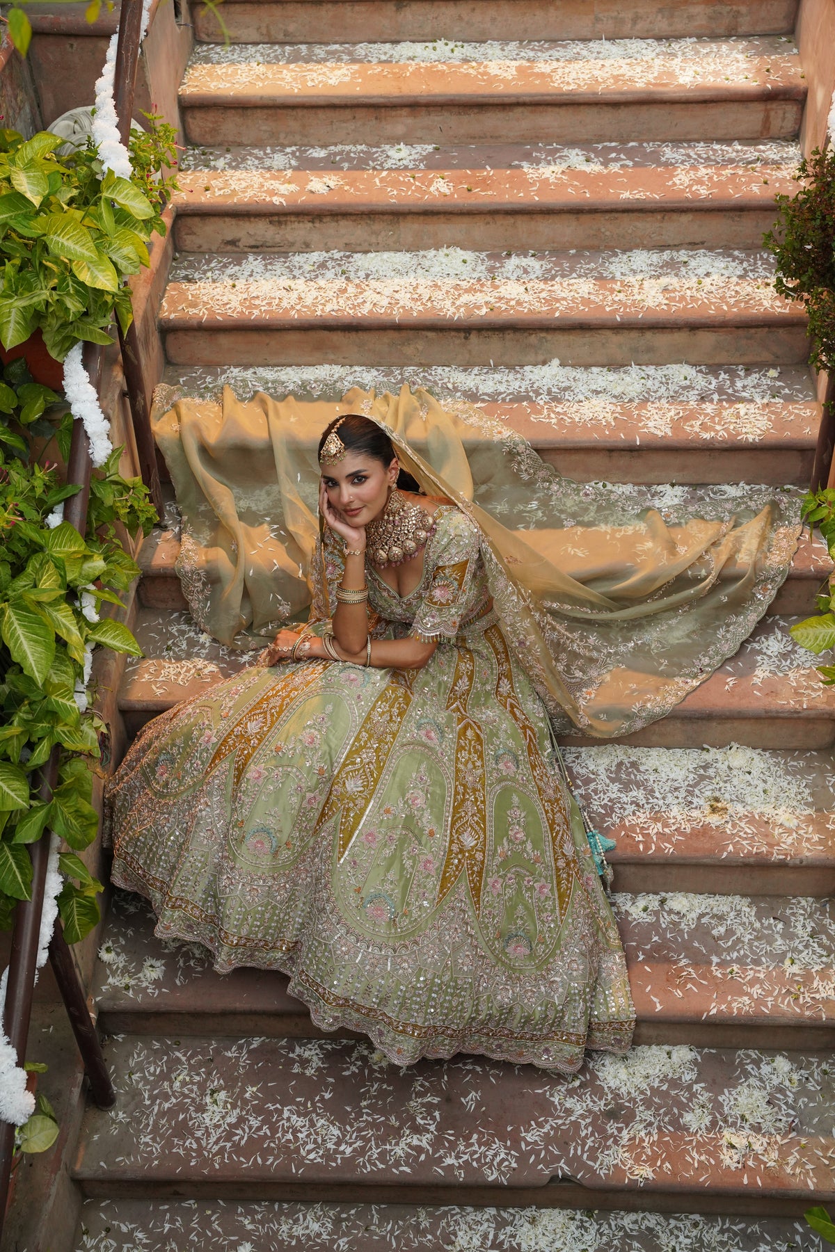 Pistachio Green and Ochre Gold Embroidered Lehenga Set