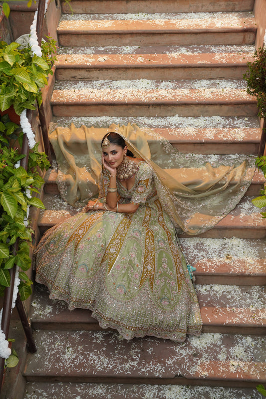 Pistachio Green and Ochre Gold Embroidered Lehenga Set