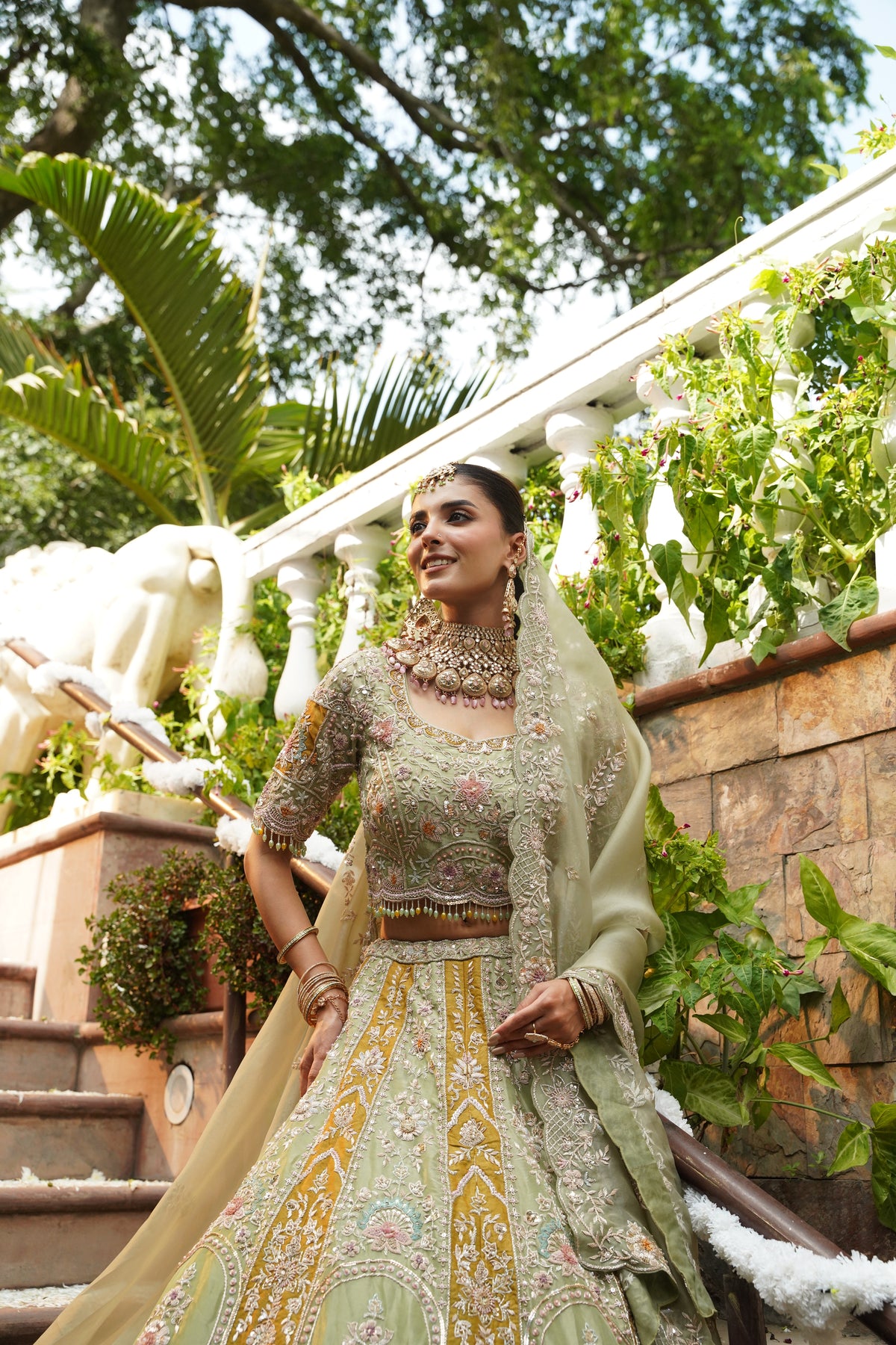 Pistachio Green and Ochre Gold Embroidered Lehenga Set