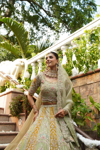 Pistachio Green and Ochre Gold Embroidered Lehenga Set