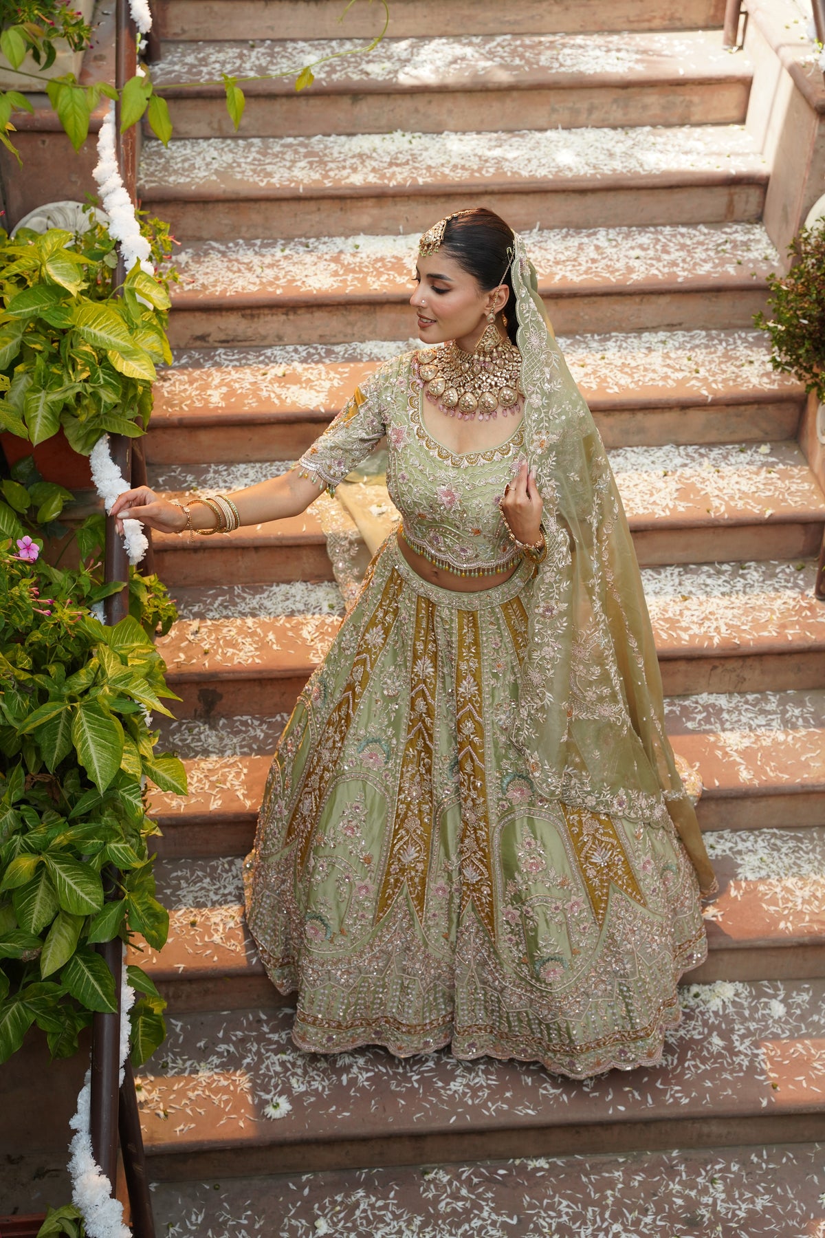 Pistachio Green and Ochre Gold Embroidered Lehenga Set