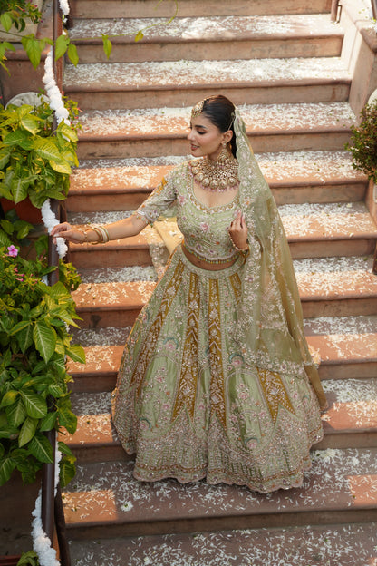 Pistachio Green and Ochre Gold Embroidered Lehenga Set