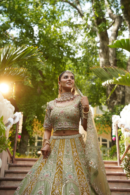 Pistachio Green and Ochre Gold Embroidered Lehenga Set