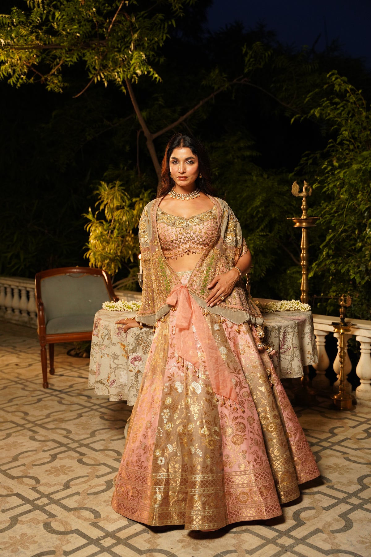 Pink and Gold Brocade Lehenga Set