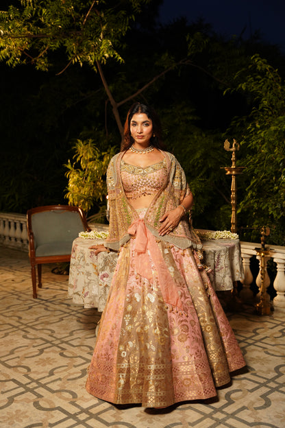 Pink and Gold Brocade Lehenga Set