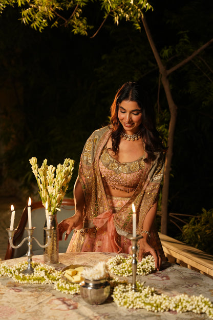 Pink and Gold Brocade Lehenga Set