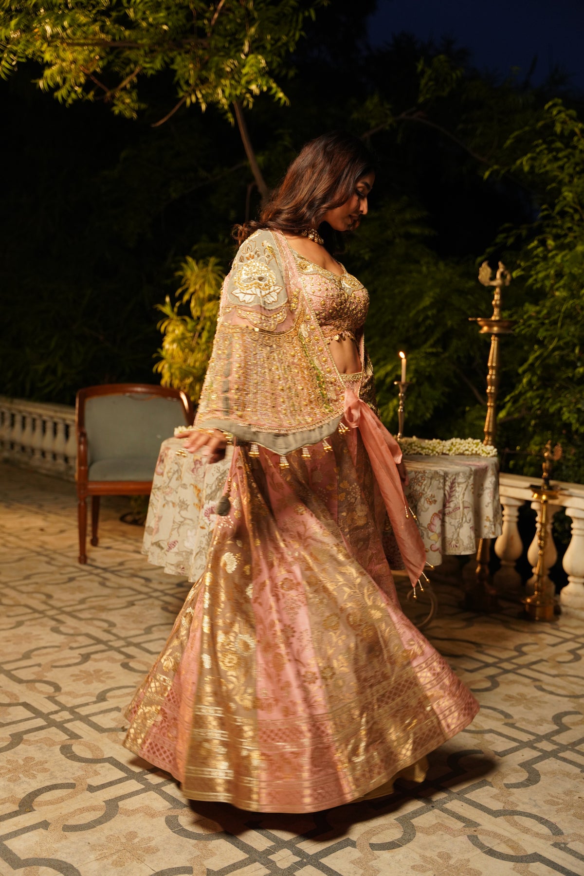 Pink and Gold Brocade Lehenga Set