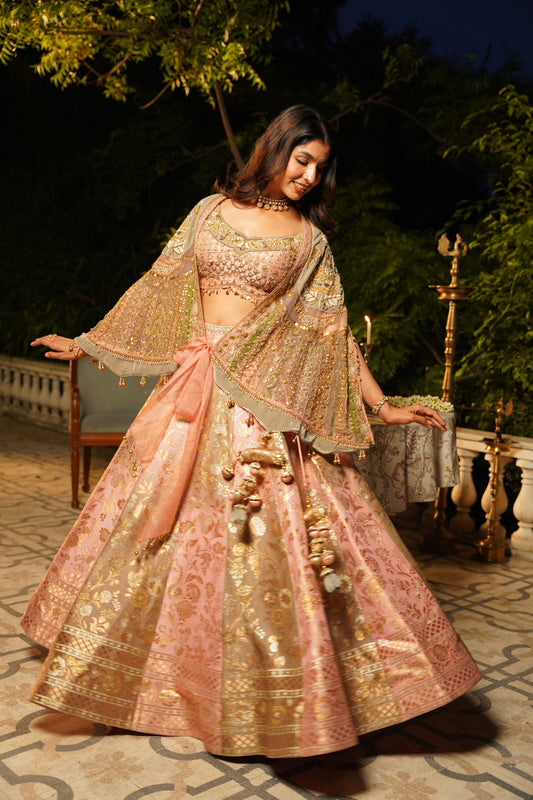 Pink and Gold Brocade Lehenga Set